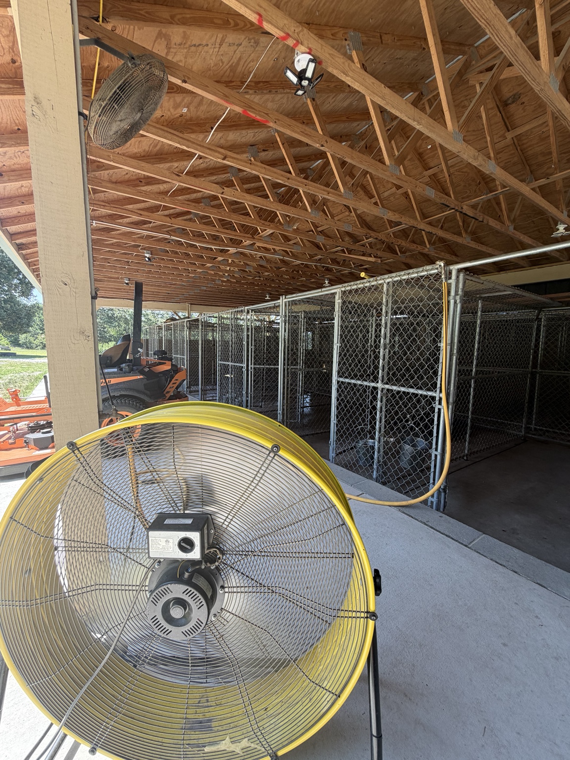 Covered outdoor kennels with fans at Seegars Mill Kennels